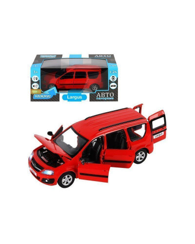 Машина "АВТОПАНОРАМА" LADA LARGUS, красный, 1/24, свет, звук, инерция, в/к 24,5*12,5*10,5 см