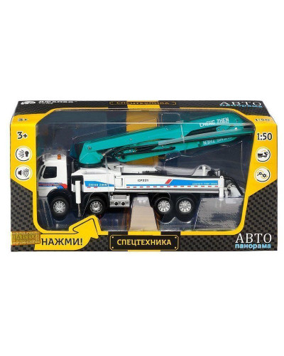 Машина "АВТОПАНОРАМА" Volvo бетононасос, белый, 1/50, свет, звук, в/к 28*14*10 см