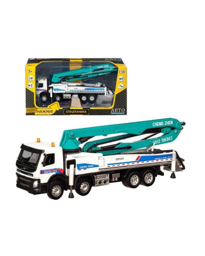 Машина "АВТОПАНОРАМА" Volvo бетононасос, белый, 1/50, свет, звук, в/к 28*14*10 см