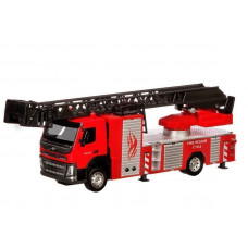 Машина "АВТОПАНОРАМА" Volvo пожарная машина-лестница, красный, 1/50, свет, звук, в/к 28*14*10 см