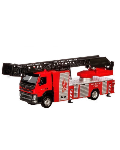Машина "АВТОПАНОРАМА" Volvo пожарная машина-лестница, красный, 1/50, свет, звук, в/к 28*14*10 см