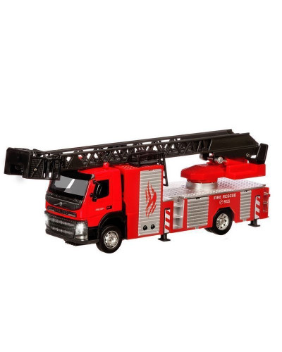 Машина "АВТОПАНОРАМА" Volvo пожарная машина-лестница, красный, 1/50, свет, звук, в/к 28*14*10 см