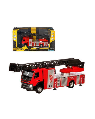Машина "АВТОПАНОРАМА" Volvo пожарная машина-лестница, красный, 1/50, свет, звук, в/к 28*14*10 см