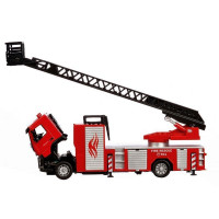 Машина "АВТОПАНОРАМА" Volvo пожарная машина-лестница, красный, 1/50, свет, звук, в/к 28*14*10 см
