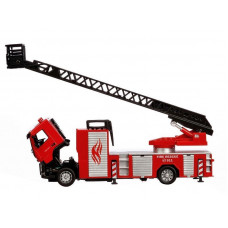 Машина "АВТОПАНОРАМА" Volvo пожарная машина-лестница, красный, 1/50, свет, звук, в/к 28*14*10 см