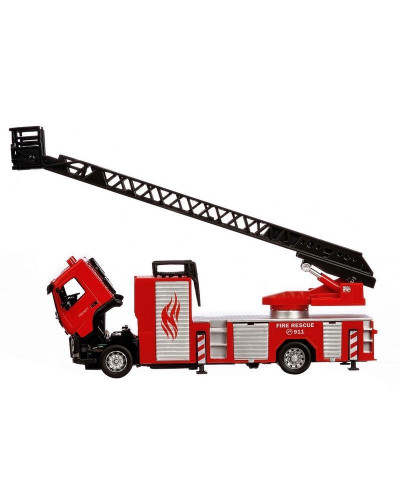 Машина "АВТОПАНОРАМА" Volvo пожарная машина-лестница, красный, 1/50, свет, звук, в/к 28*14*10 см