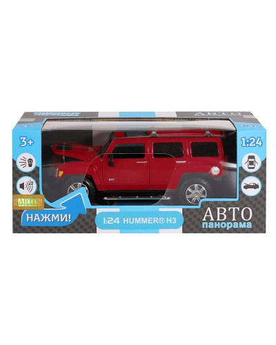 Машина "АВТОПАНОРАМА" Hummer H3, красный, 1/24, свет, звук, в/к 24,5*12,5*10,5 см
